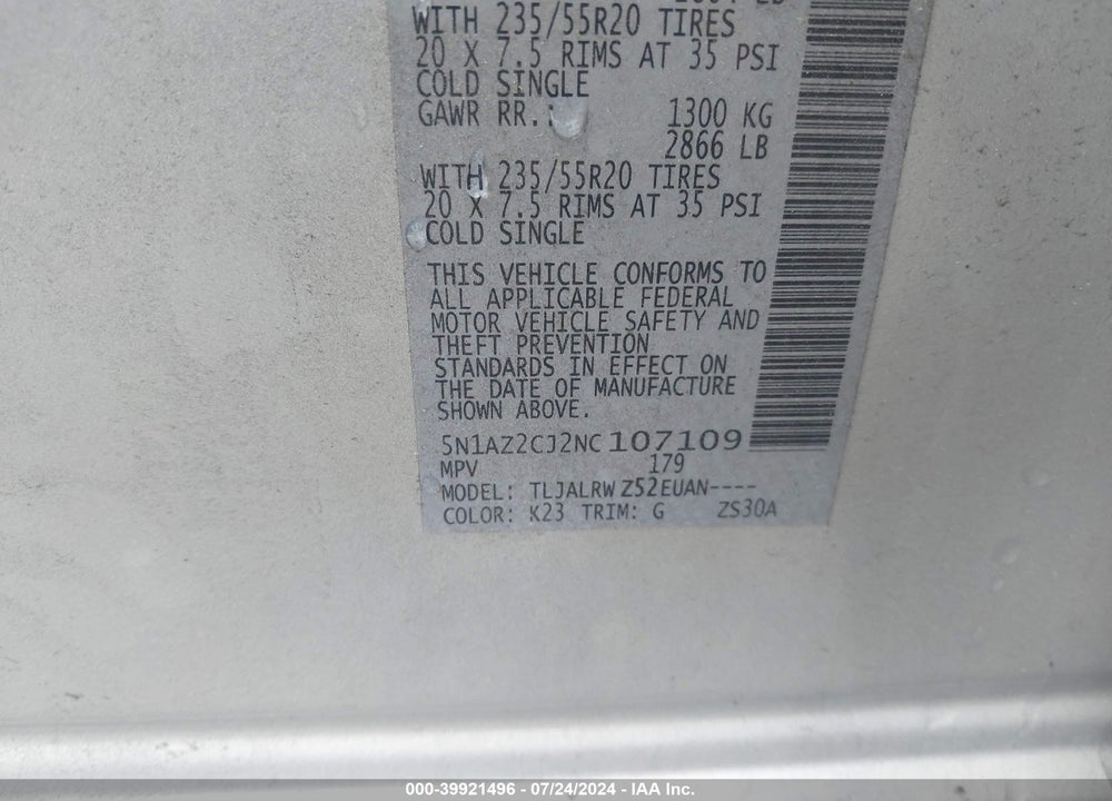 2022 NISSAN MURANO SL FWD VIN: 5N1AZ2CJ2NC107109
