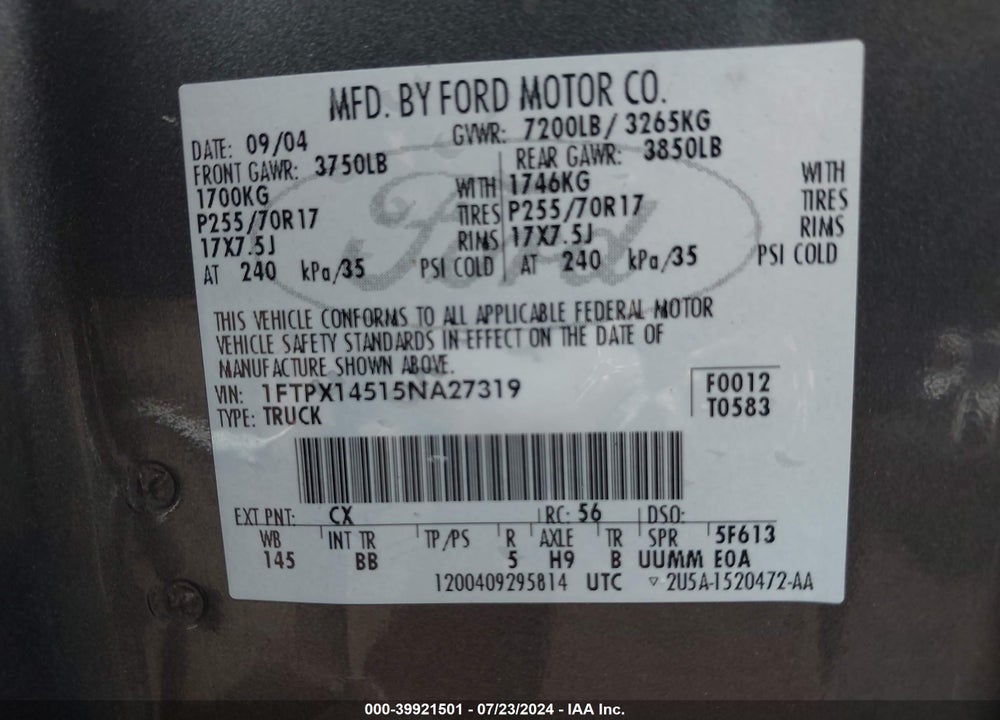 2005 FORD F-150 VIN: 1FTPX14515NA27319