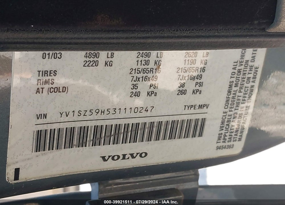 2003 VOLVO XC70 2.5T VIN: YV1SZ59H531110247