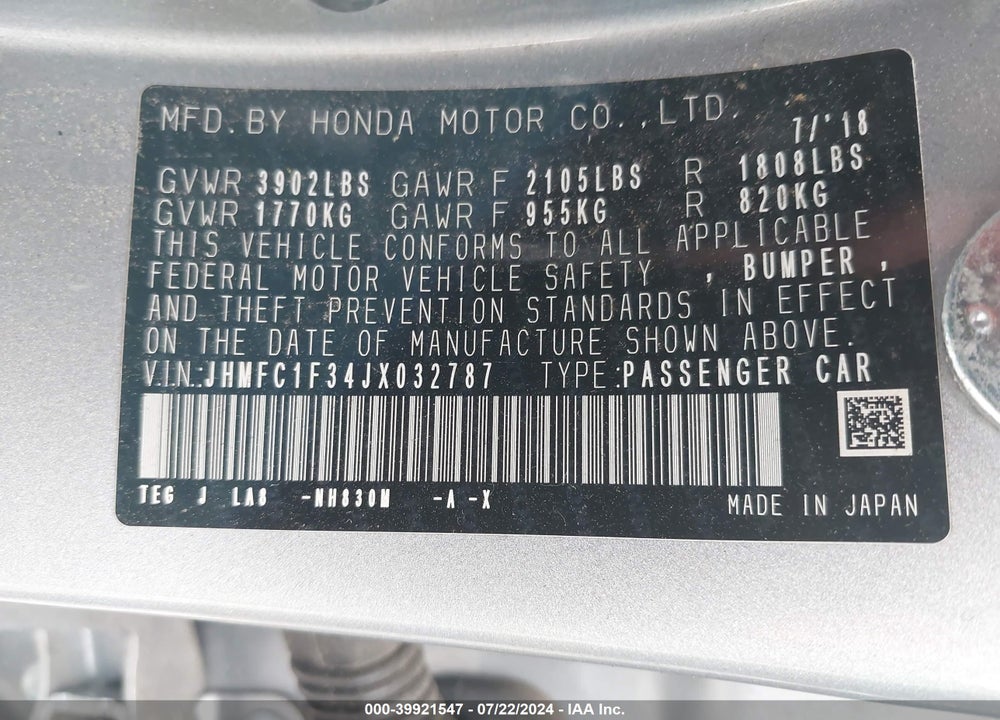2018 HONDA CIVIC EX-T VIN: JHMFC1F34JX032787
