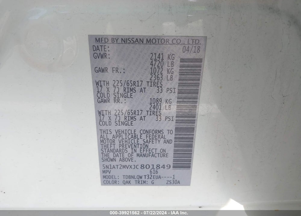 2018 NISSAN ROGUE SV VIN: 5N1AT2MVXJC801849