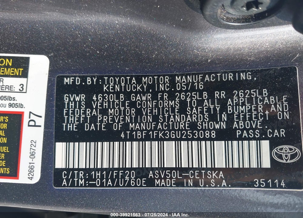 2016 TOYOTA CAMRY SE VIN: 4T1BF1FK3GU253088