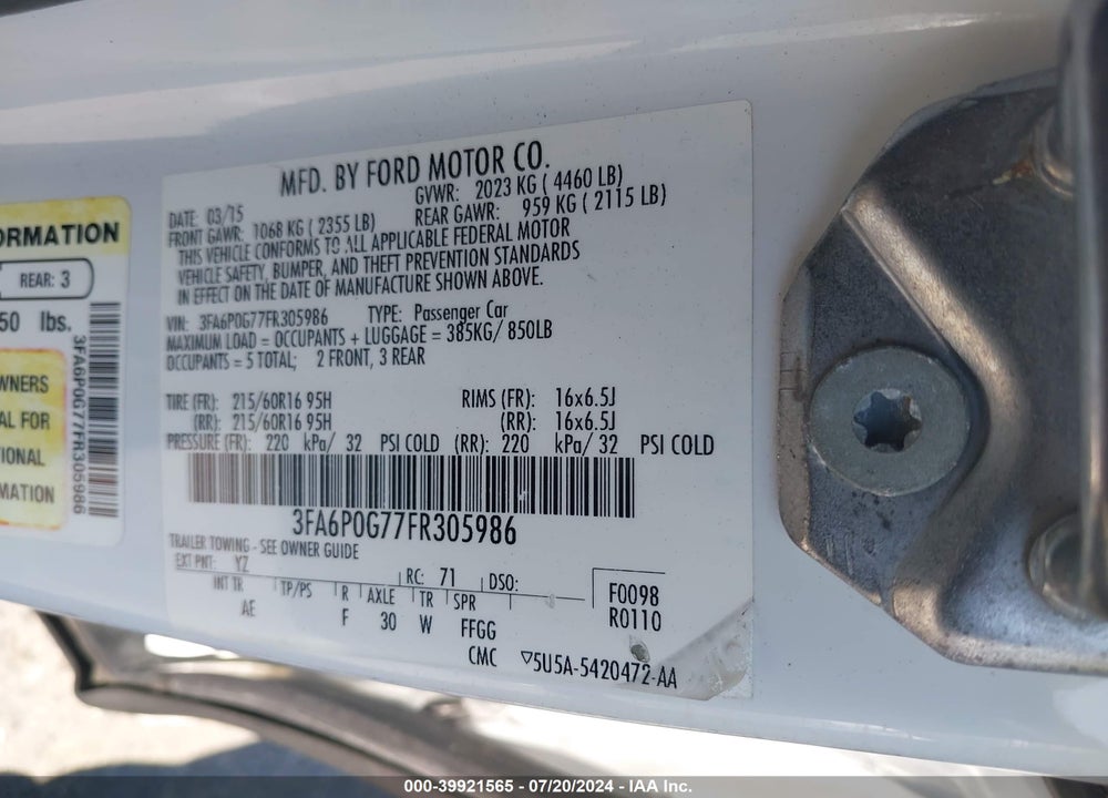 2015 FORD FUSION S VIN: 3FA6P0G77FR305986