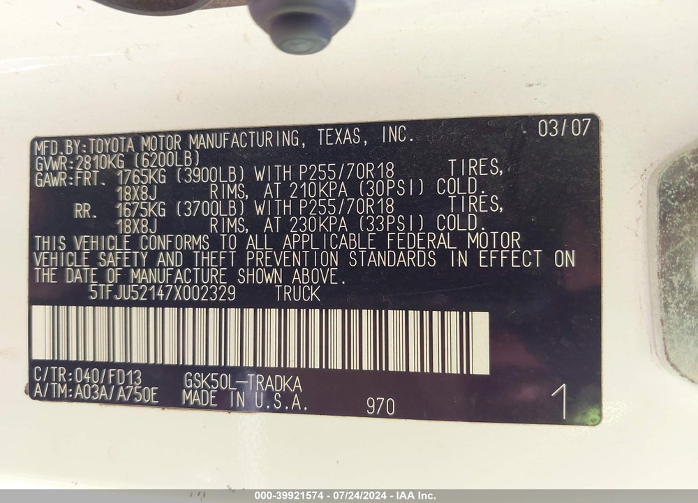 2007 TOYOTA TUNDRA BASE V6 VIN: 5TFJU52147X002329