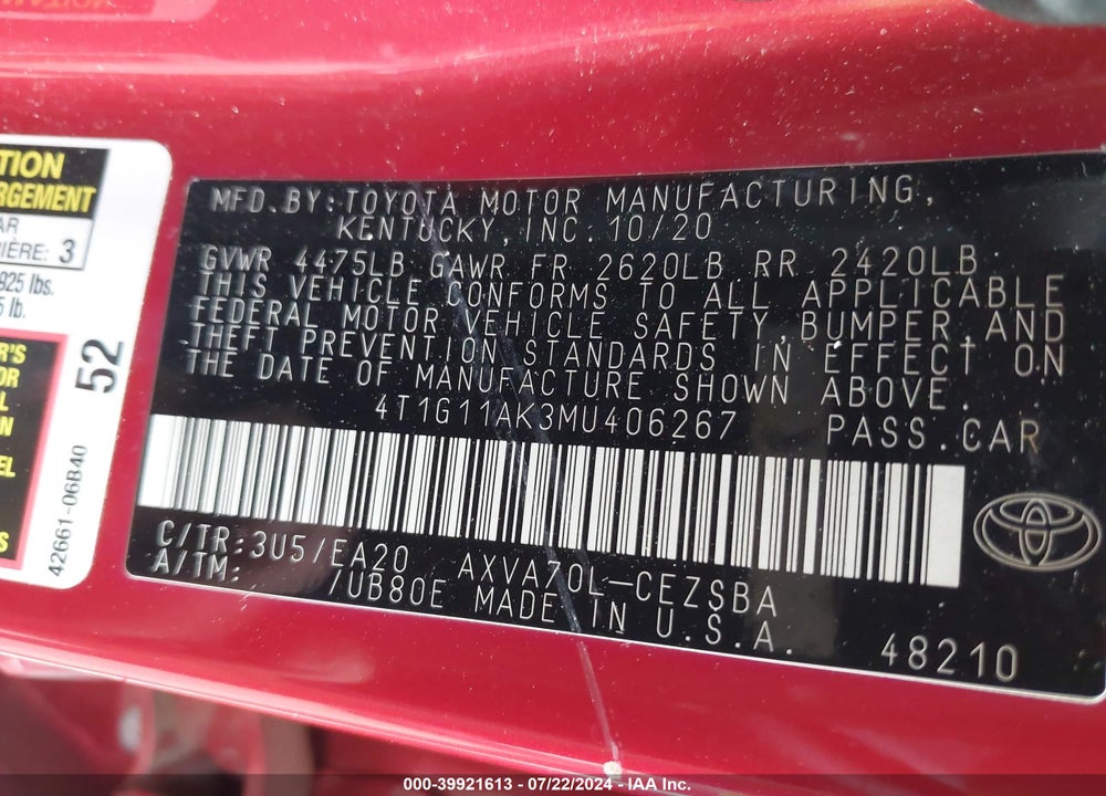 2021 TOYOTA CAMRY SE VIN: 4T1G11AK3MU406267