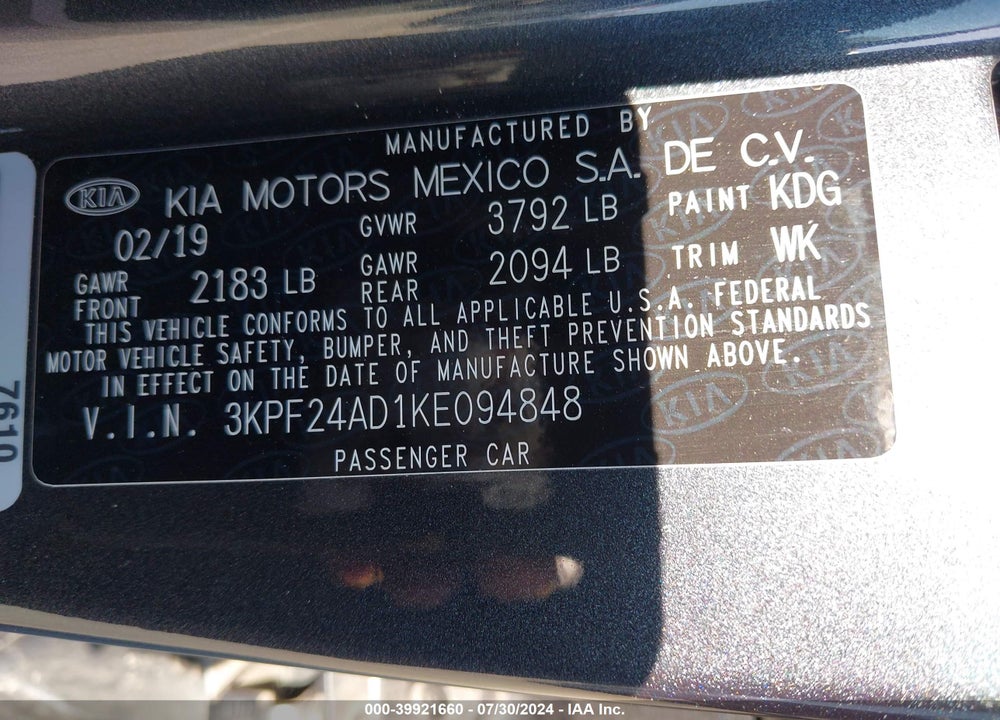 2019 KIA FORTE LXS VIN: 3KPF24AD1KE094848