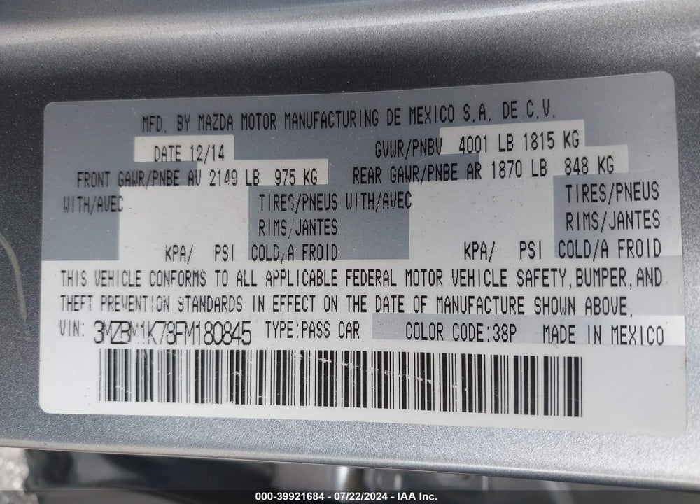 2015 MAZDA 3 I SPORT VIN: 3MZBM1K78FM180845