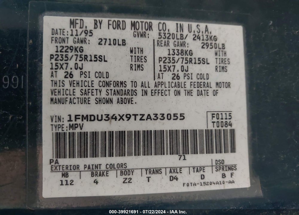 1996 FORD EXPLORER VIN: 1FMDU34X9TZA33055