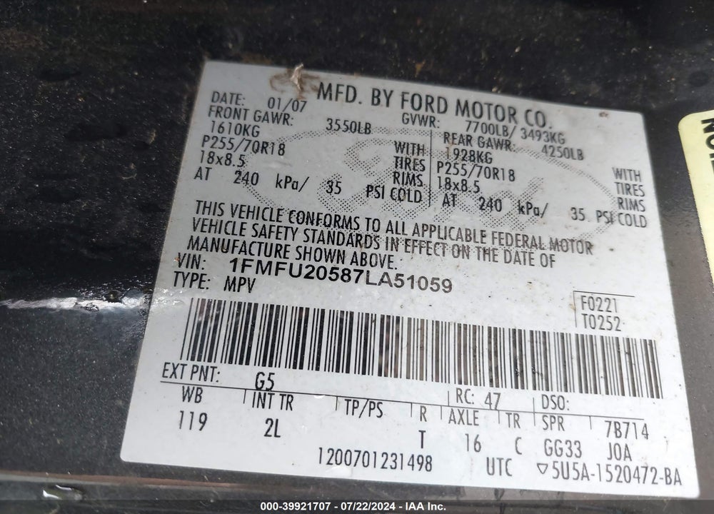 2007 FORD EXPEDITION VIN: 1FMFU20587LA51059