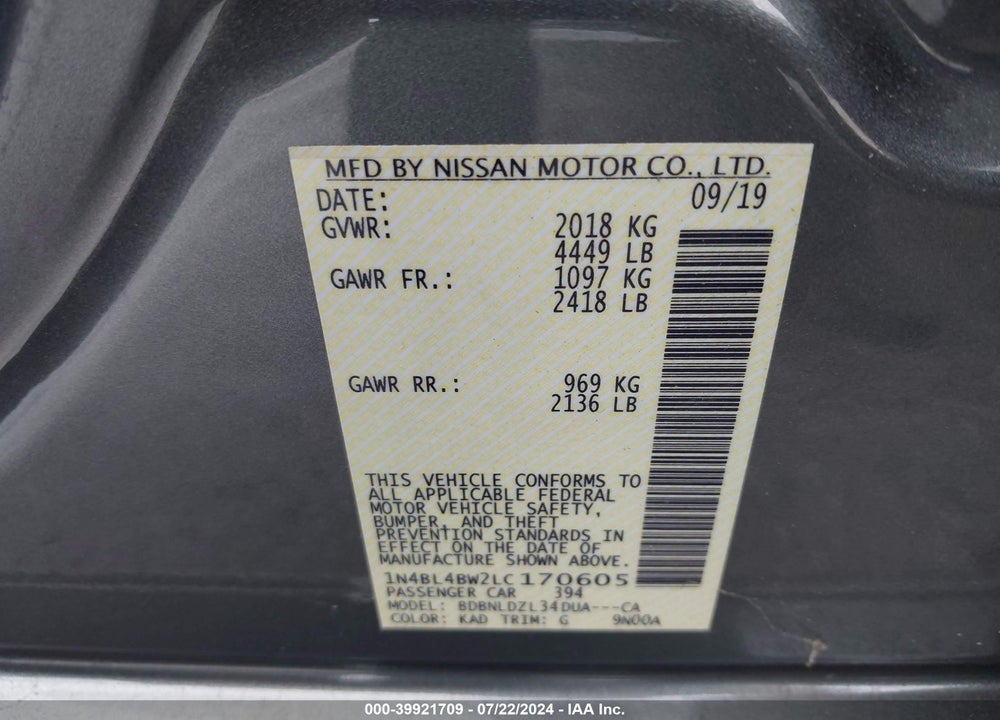2020 NISSAN ALTIMA S INTELLIGENT AWD VIN: 1N4BL4BW2LC170605