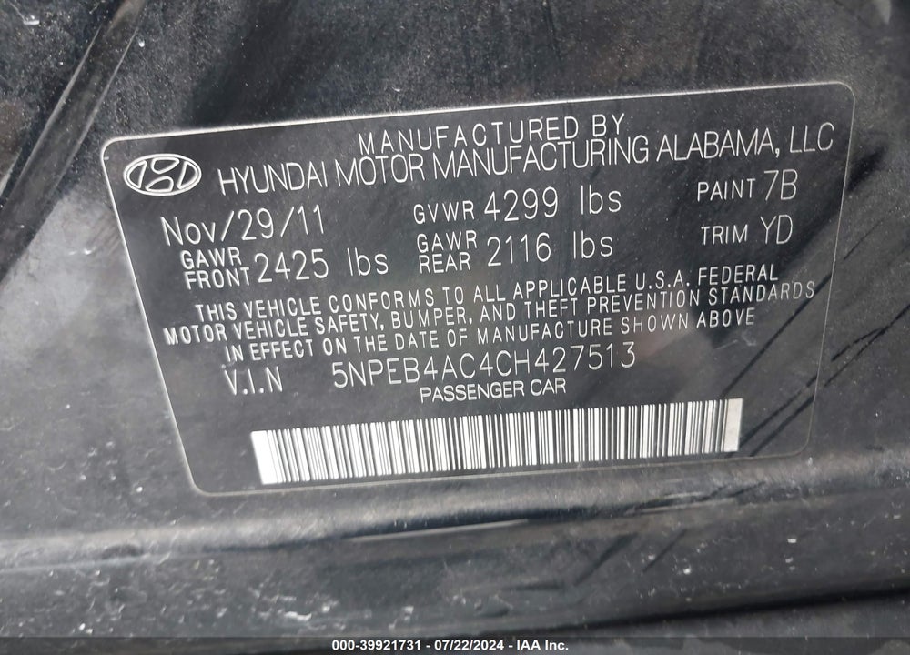2012 HYUNDAI SONATA VIN: 5NPEB4AC4CH427513