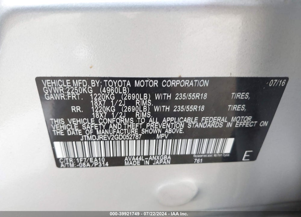 2016 TOYOTA RAV4 HYBRID LIMITED VIN: JTMDJREV2GD052787
