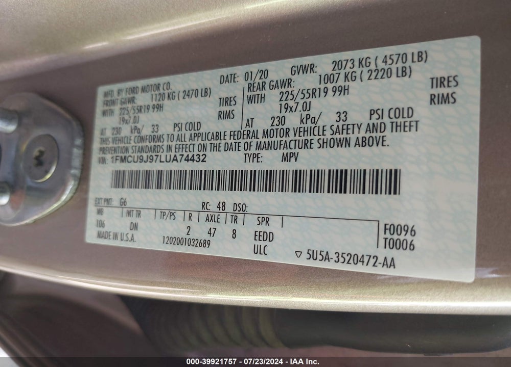 2020 FORD ESCAPE TITANIUM VIN: 1FMCU9J97LUA74432
