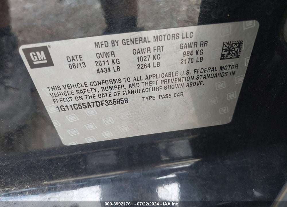 2013 CHEVROLET MALIBU 1LT VIN: 1G11C5SA7DF356858