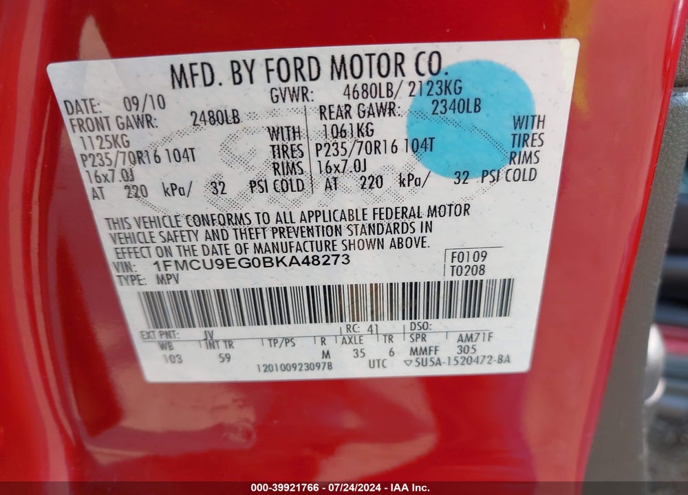 2011 FORD ESCAPE LIMITED VIN: 1FMCU9EG0BKA48273