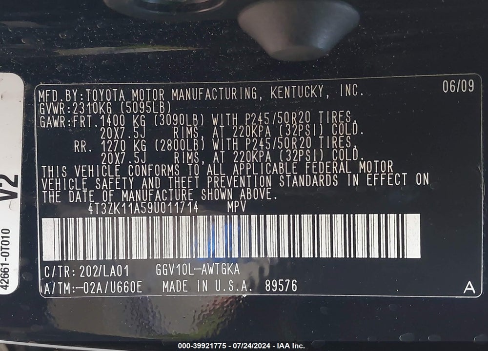 2009 TOYOTA VENZA BASE V6 VIN: 4T3ZK11A59U011714