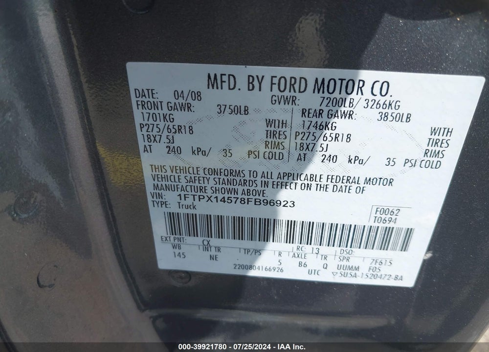 2008 FORD F-150 FX4/LARIAT/XL/XLT VIN: 1FTPX14578FB96923