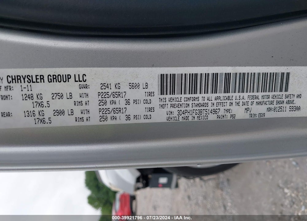 2011 DODGE JOURNEY MAINSTREET VIN: 3D4PH1FG3BT514967