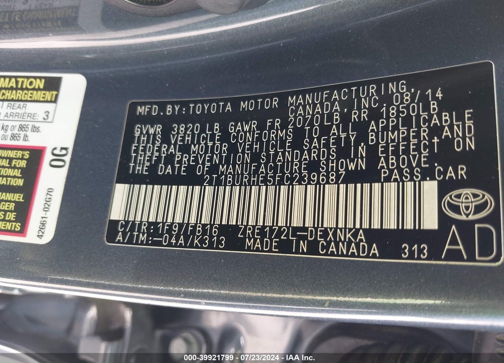 2015 TOYOTA COROLLA LE PLUS VIN: 2T1BURHE5FC239687