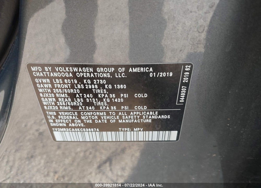 2019 VOLKSWAGEN ATLAS 3.6L V6 SEL VIN: 1V2MR2CA0KC536874