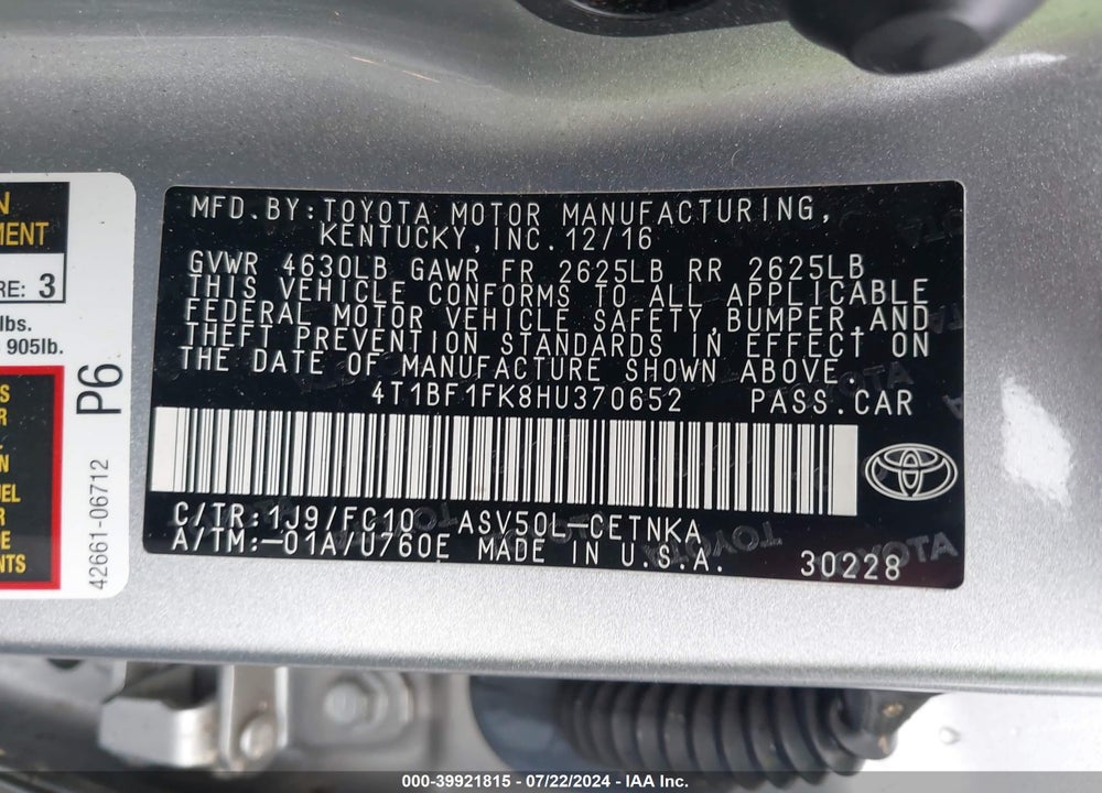 2017 TOYOTA CAMRY LE VIN: 4T1BF1FK8HU370652