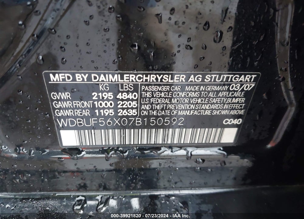 2007 MERCEDES-BENZ E 350 VIN: WDBUF56X07B150592