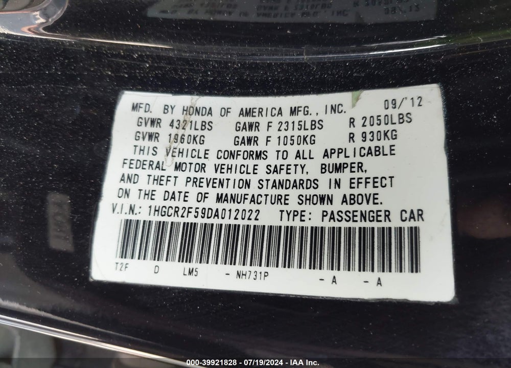 2013 HONDA ACCORD SPORT VIN: 1HGCR2F59DA012022