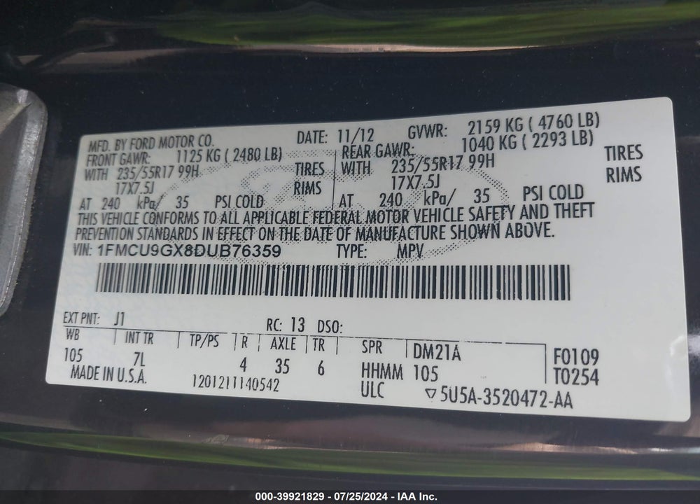2013 FORD ESCAPE SE VIN: 1FMCU9GX8DUB76359