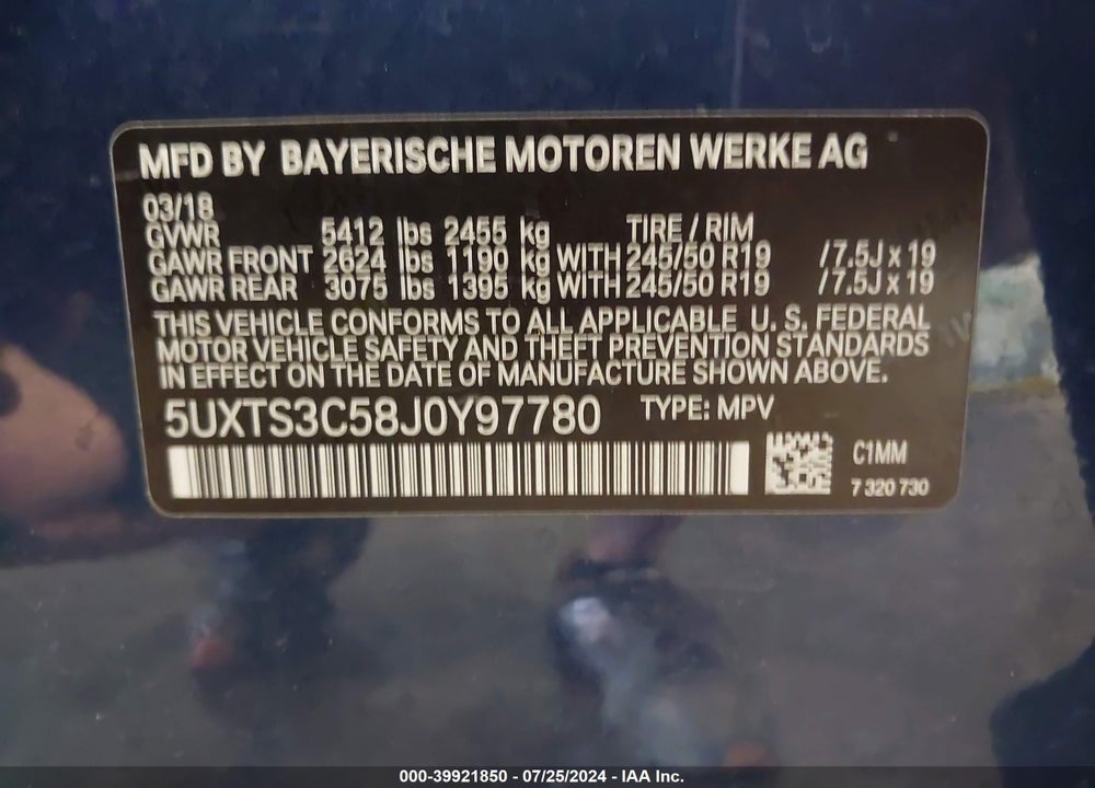 2018 BMW X3 M40I VIN: 5UXTS3C58J0Y97780