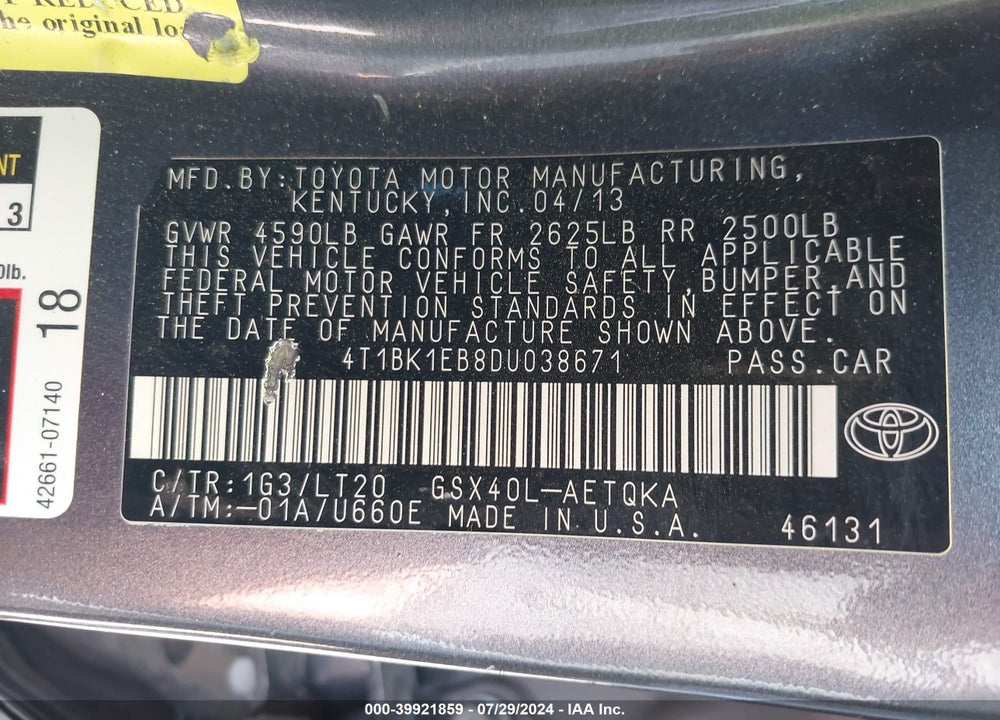 2013 TOYOTA AVALON XLE TOURING VIN: 4T1BK1EB8DU038671