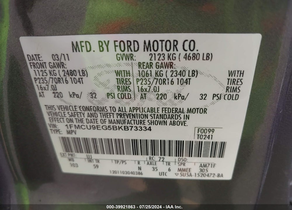 2011 FORD ESCAPE LIMITED VIN: 1FMCU9EG5BKB73334