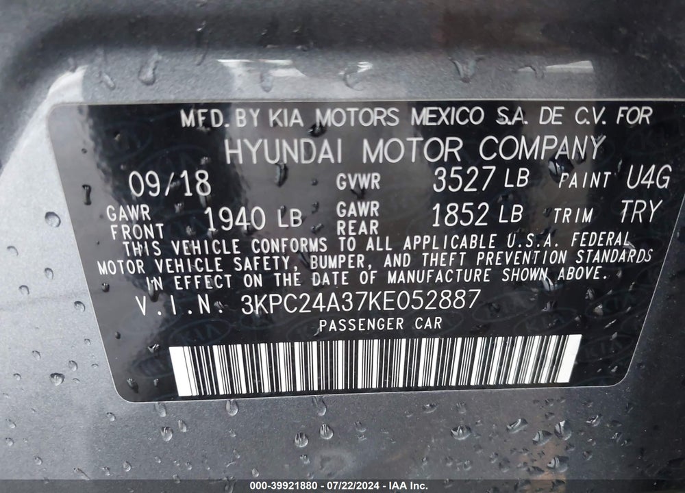 2019 HYUNDAI ACCENT SE VIN: 3KPC24A37KE052887