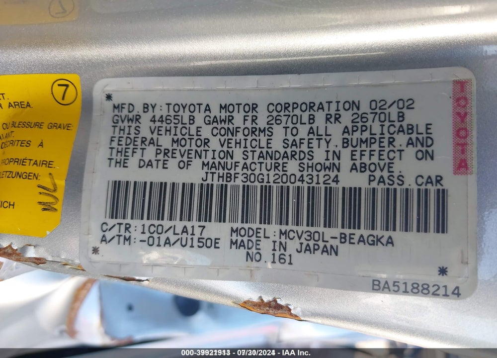 2002 LEXUS ES 300 BASE (A4) VIN: JTHBF30G120043124