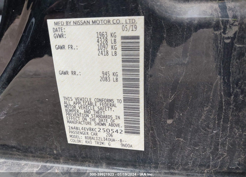 2019 NISSAN ALTIMA 2.5 SL VIN: 1N4BL4EV8KC250542