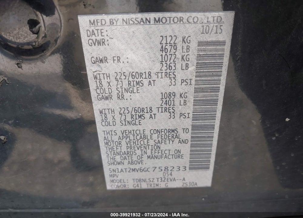 2016 NISSAN ROGUE SL VIN: 5N1AT2MV6GC758233