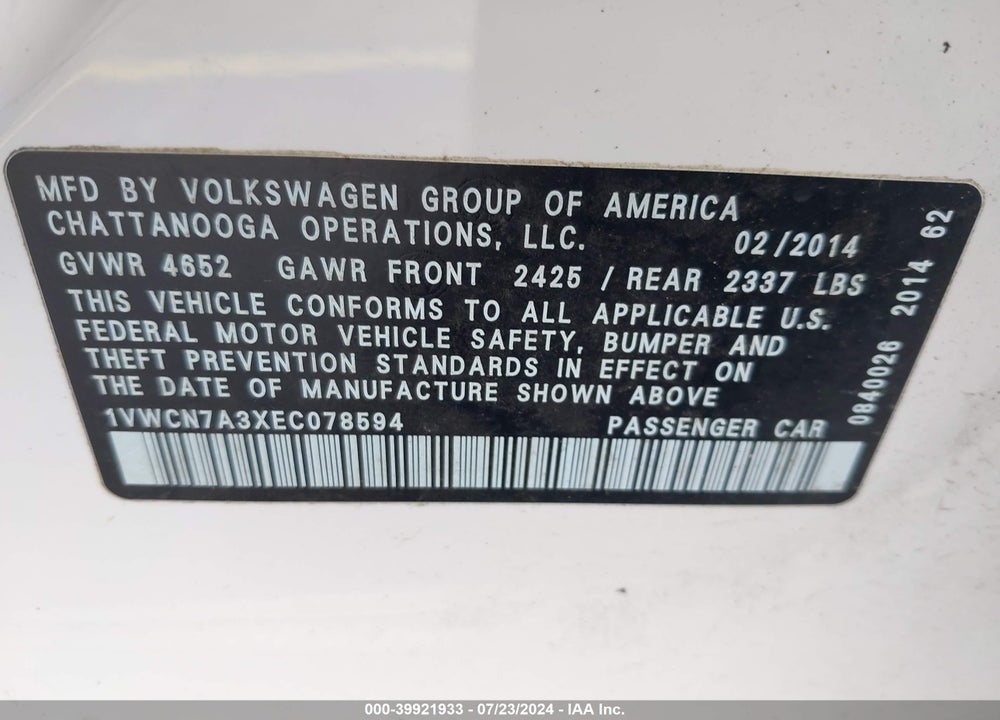 2014 VOLKSWAGEN PASSAT 2.0L TDI SEL PREMIUM VIN: 1VWCN7A3XEC078594
