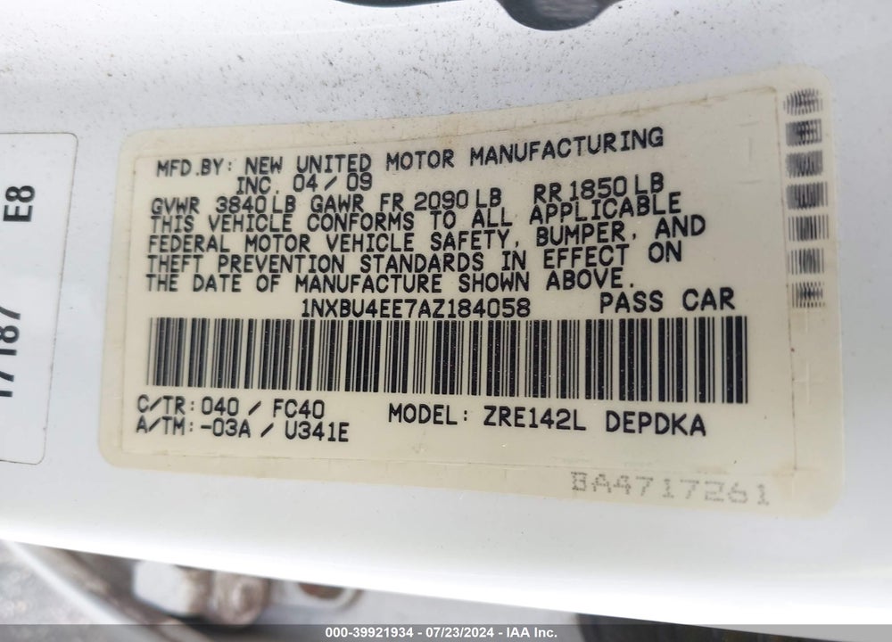 2010 TOYOTA COROLLA LE VIN: 1NXBU4EE7AZ184058