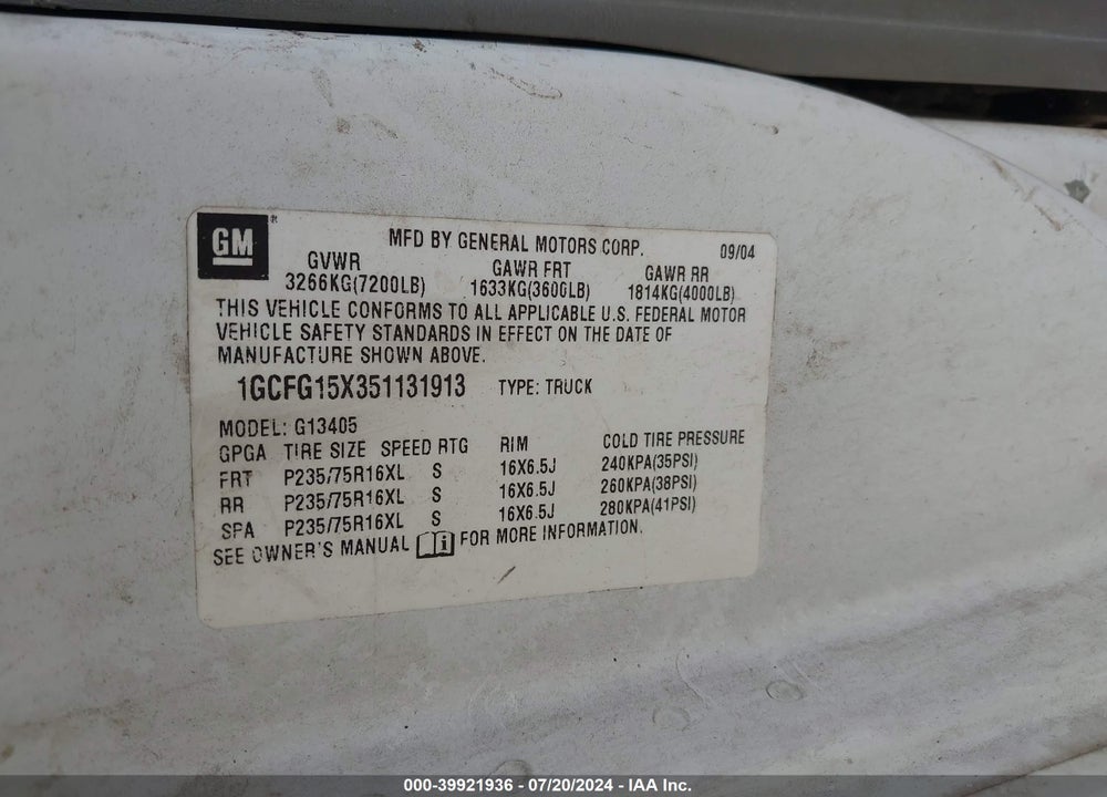2005 CHEVROLET EXPRESS VIN: 1GCFG15X351131913