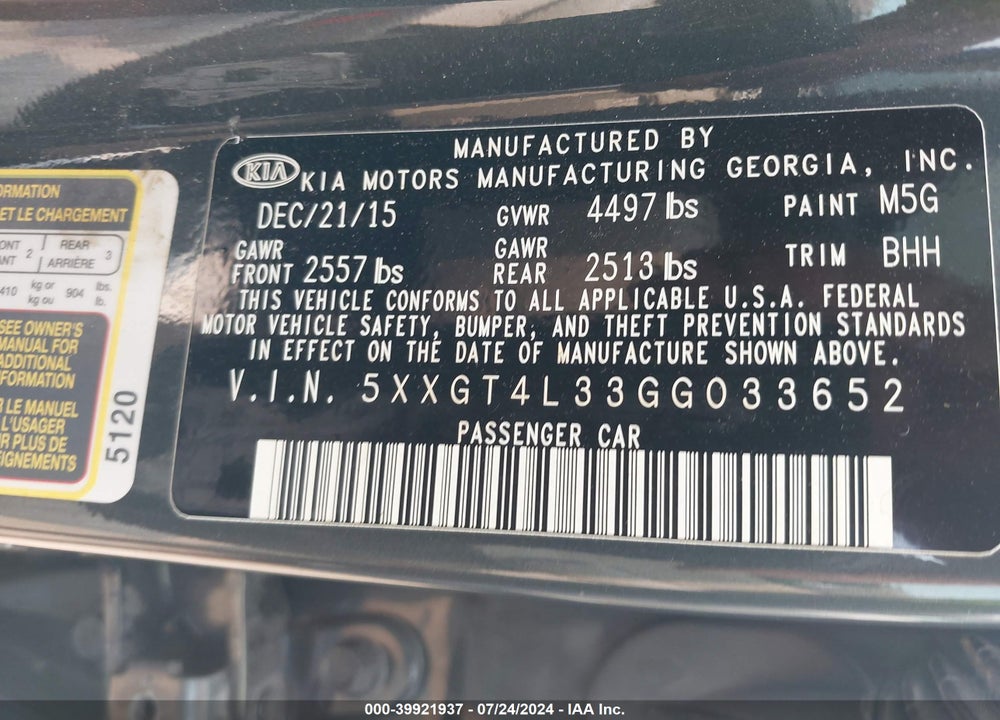 2016 KIA OPTIMA LX VIN: 5XXGT4L33GG033652