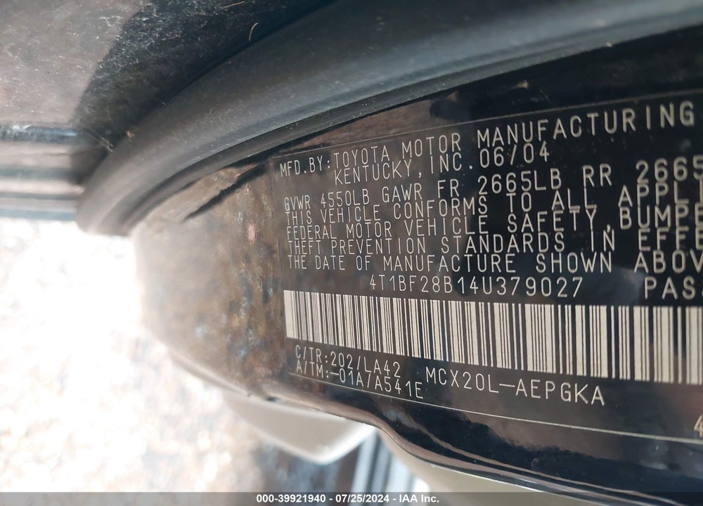 2004 TOYOTA AVALON XLS VIN: 4T1BF28B14U379027