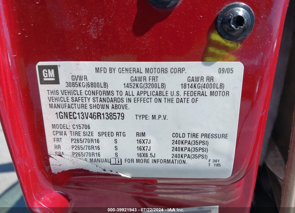 2006 CHEVROLET TAHOE LS VIN: 1GNEC13V46R138579