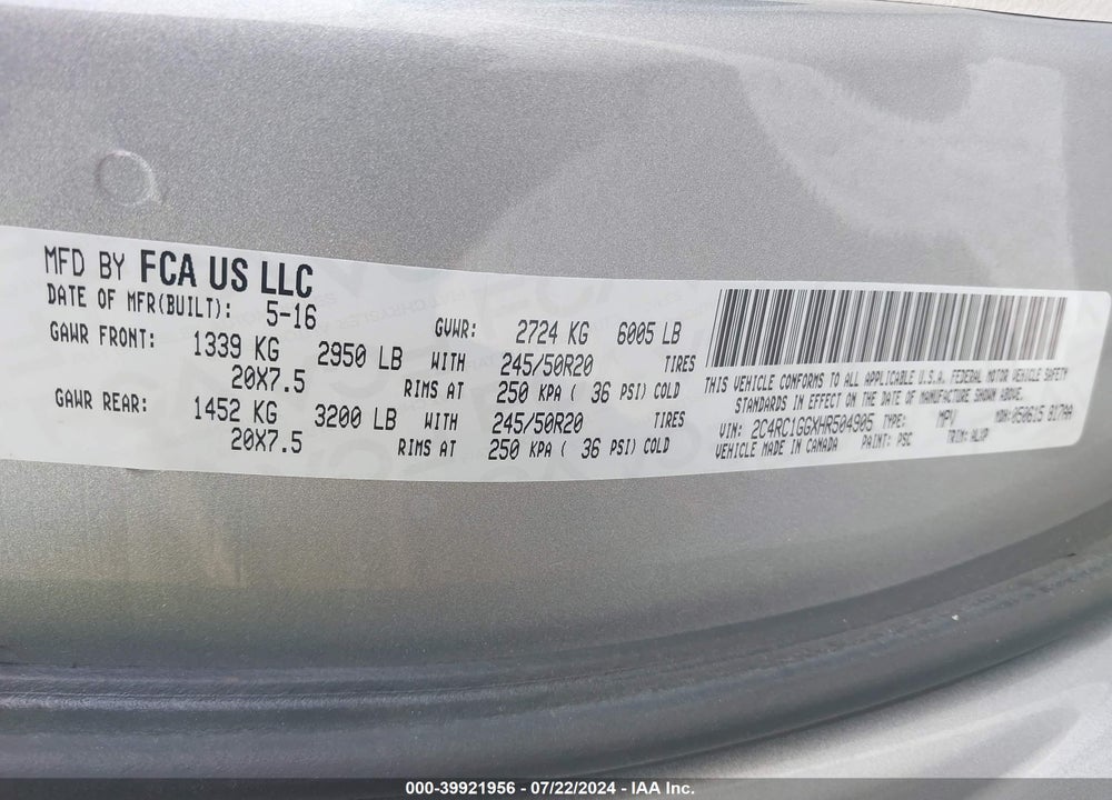 2017 CHRYSLER PACIFICA LIMITED VIN: 2C4RC1GGXHR504905