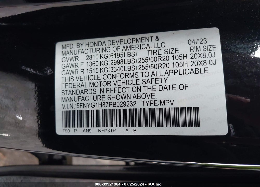 2023 HONDA PILOT AWD ELITE VIN: 5FNYG1H87PB029232