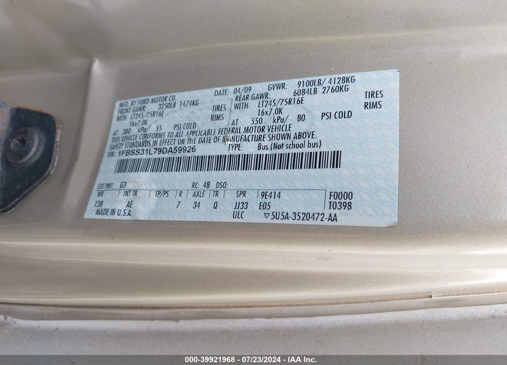 2009 FORD E-350 SUPER DUTY XL/XLT VIN: 1FBSS31L79DA59926