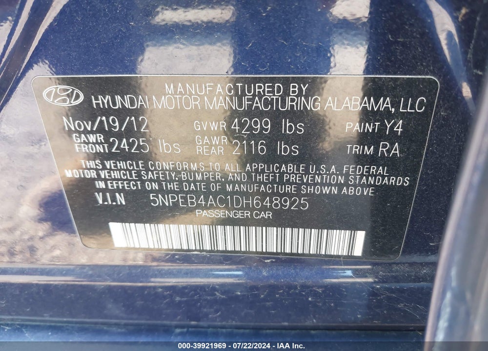 2013 HYUNDAI SONATA VIN: 5NPEB4AC1DH648925