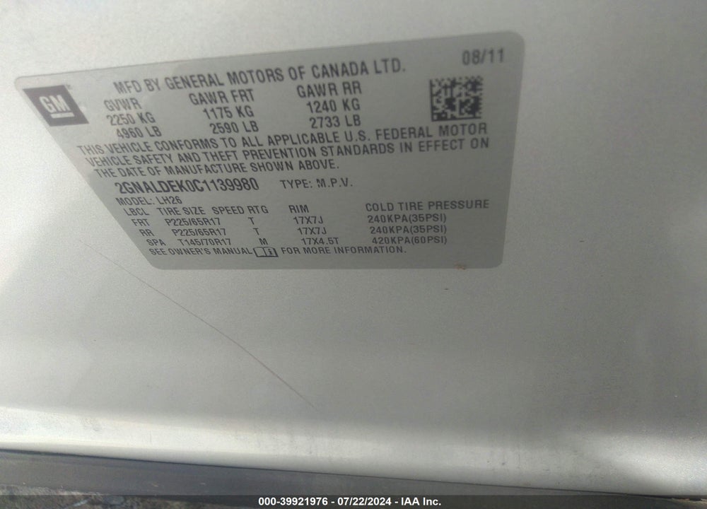 2012 CHEVROLET EQUINOX 1LT VIN: 2GNALDEK0C1139980
