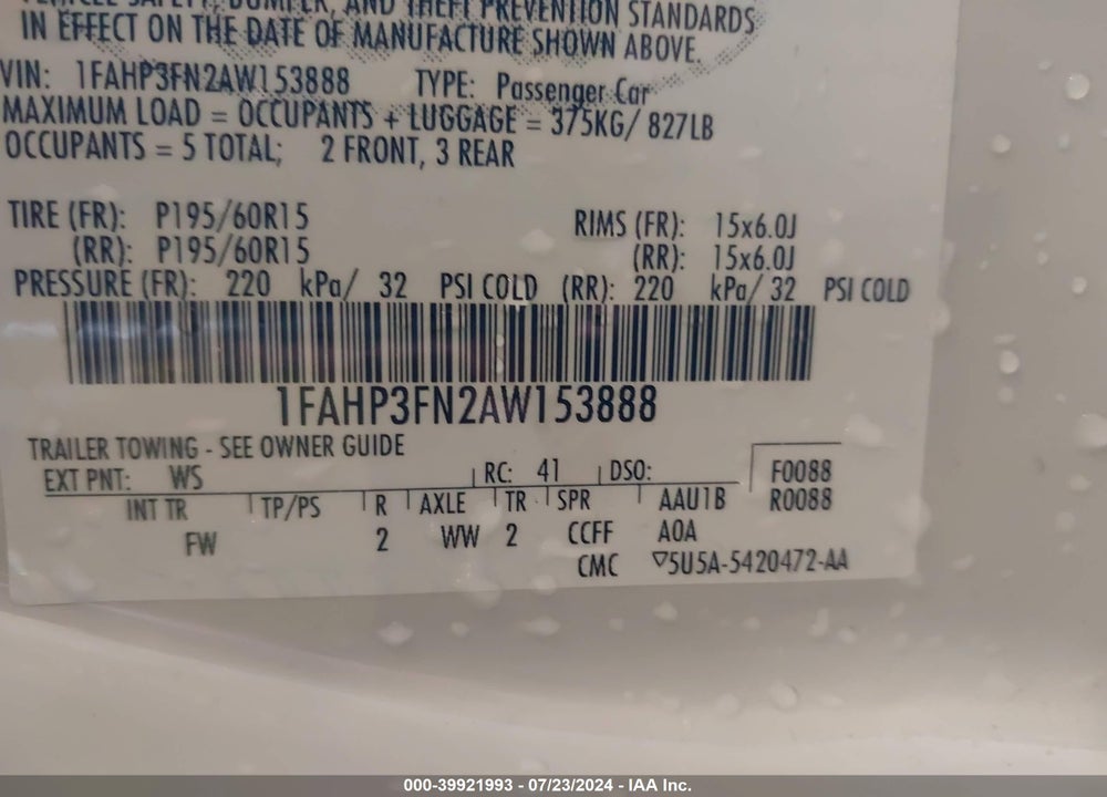 2010 FORD FOCUS SE VIN: 1FAHP3FN2AW153888