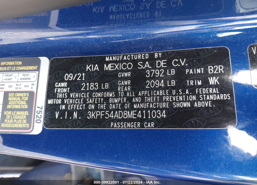 2021 KIA FORTE EX VIN: 3KPF54AD8ME411034
