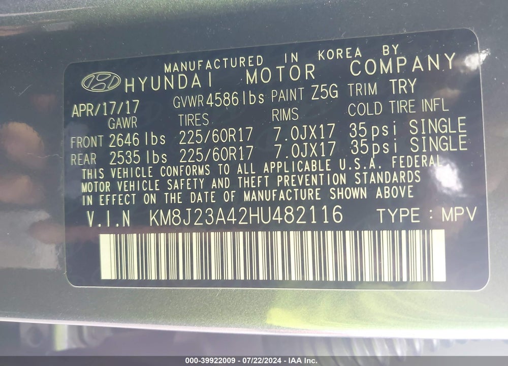 2017 HYUNDAI TUCSON SE VIN: KM8J23A42HU482116