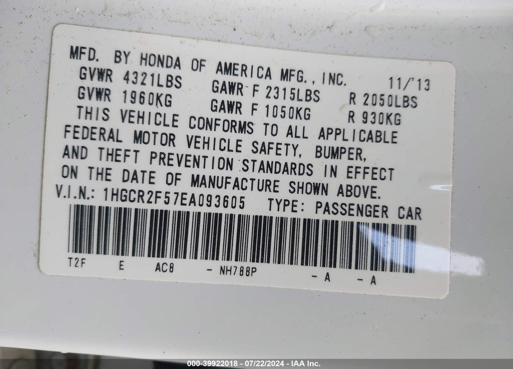 2014 HONDA ACCORD SPORT VIN: 1HGCR2F57EA093605